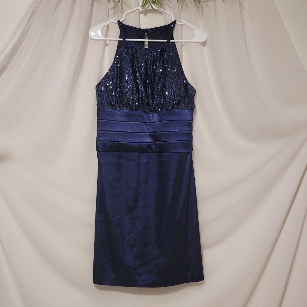 Navy Blue Sequin Halter Dress